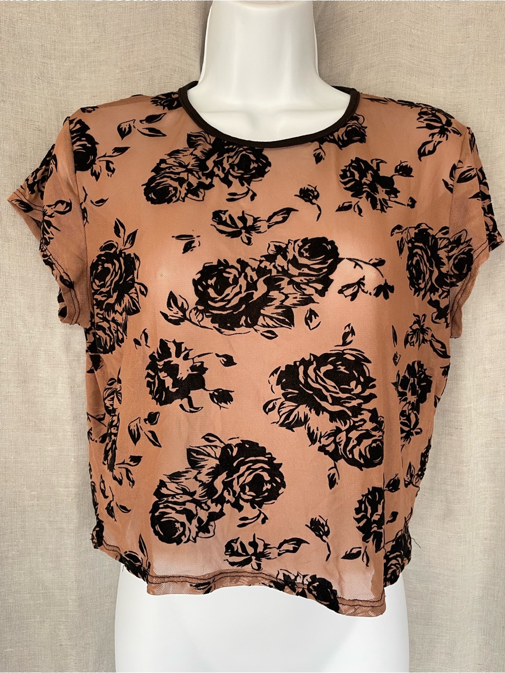Y2K Sheer Mesh Rose Floral Crop Top Dusty Rose Pink Velvet Flocked Sz XL